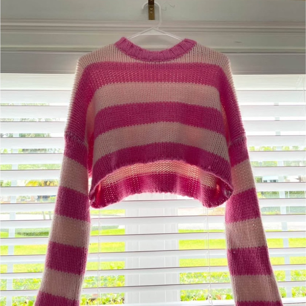 Edikted Pink and White Cropped Sweater